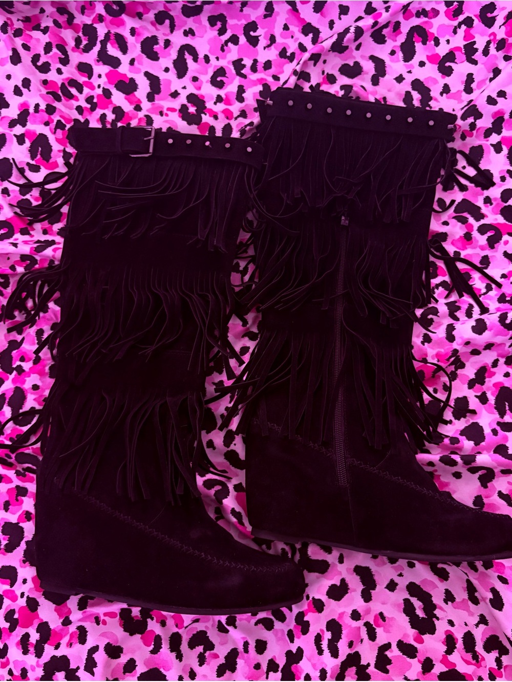 Wedge Fringe Boots in Black